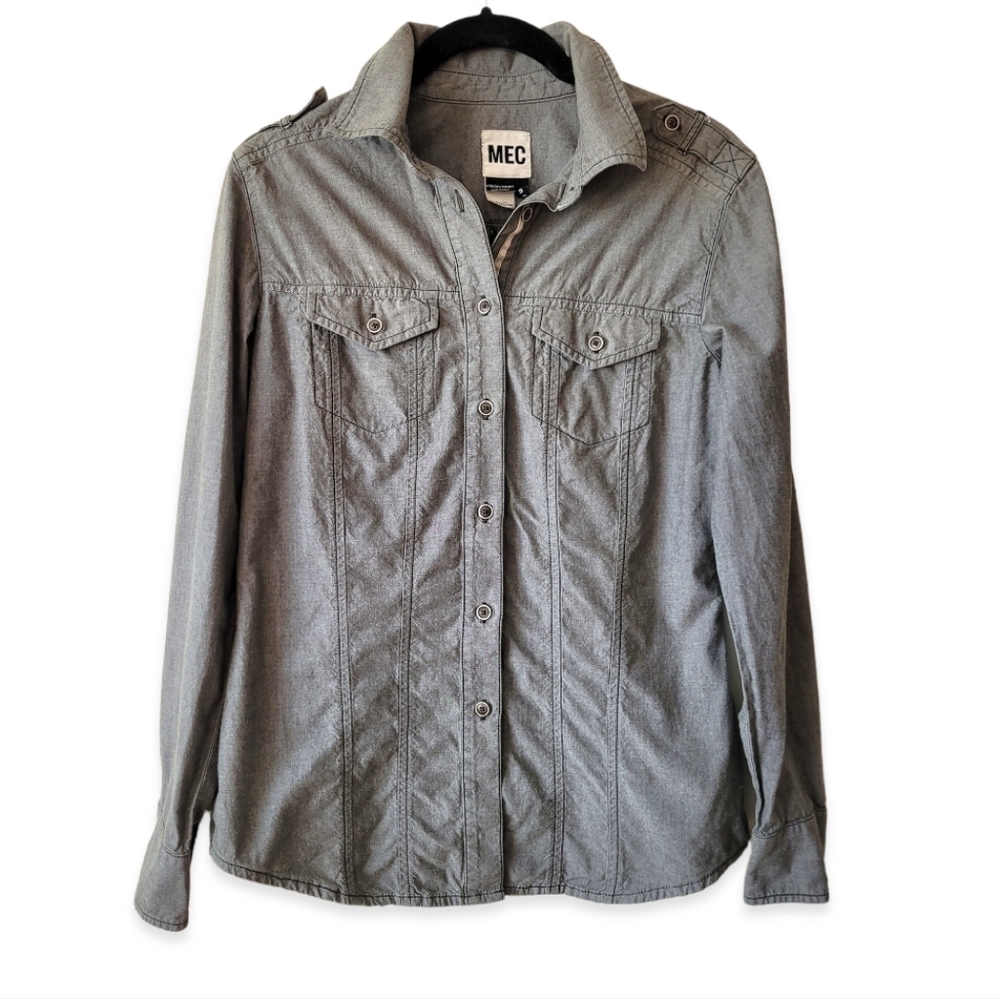 MEC Organic Cotton Shirt Size S Button Down Grey Chambray